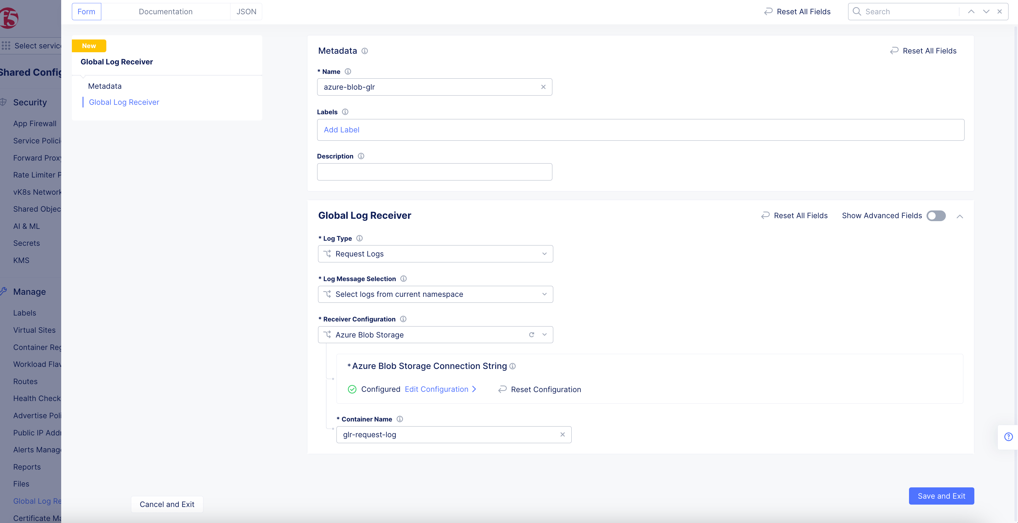Figure: Azure Blob Global Log Receiver Configuration