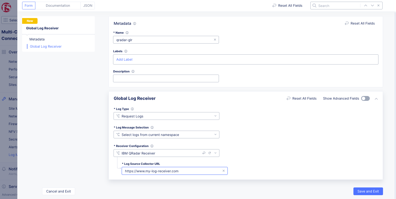 Figure: QRadar Global Log Receiver Configuration